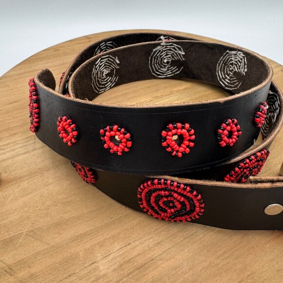 Handcrafted Black Leather Belt With Red & Black Beaded Circle Design Adjustable main image 7